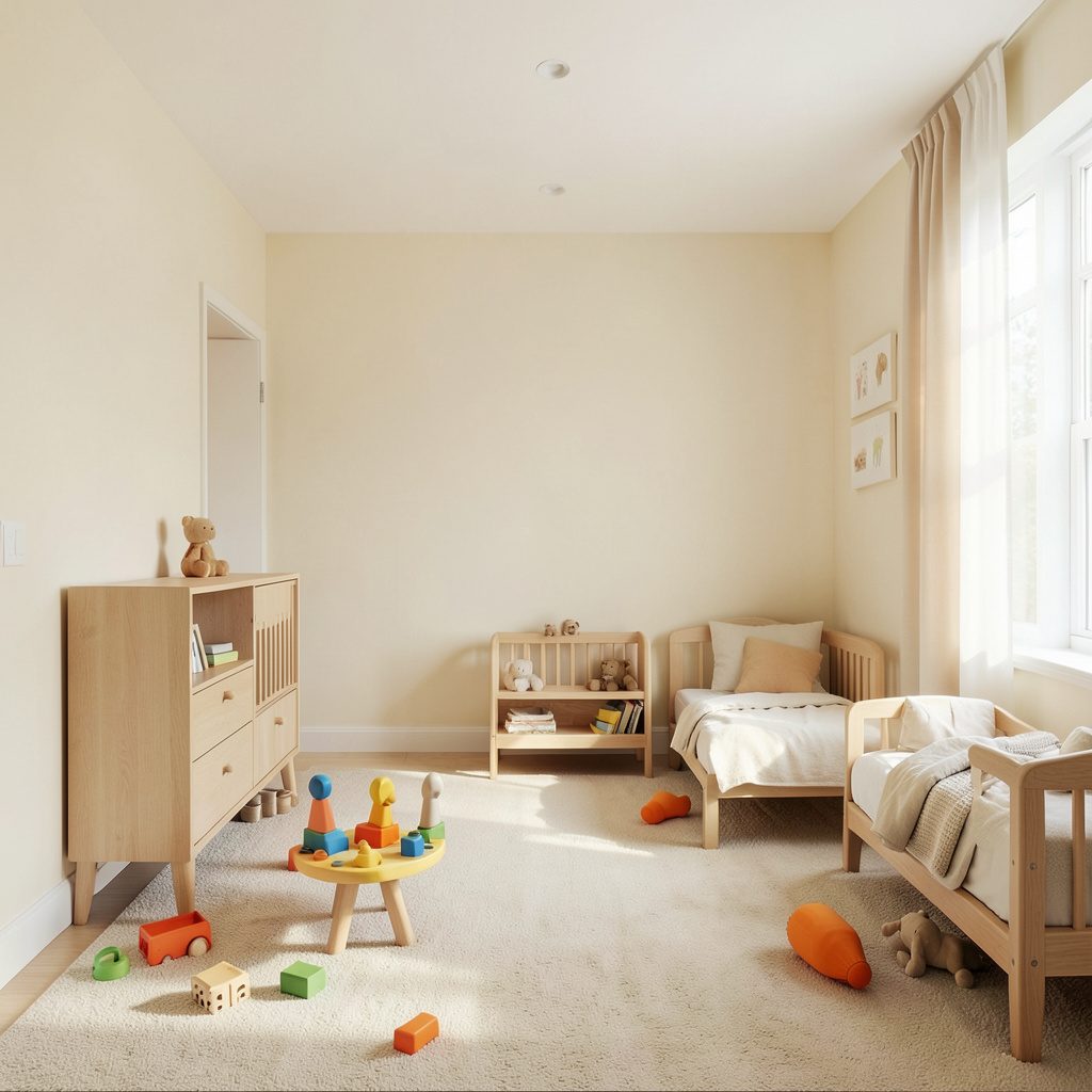 Een warme, lichte foto van een kinderkamer met zachte crèmekleuren, houten speelgoed en een rustige, natuurlijke sfeer.